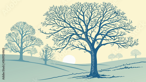 Winter Solstice Morning with Frosty Trees and Low Sunrise