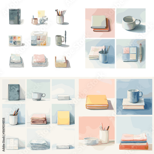 Cozy watercolor illustration set of home lifestyle elements featuring candles bowls towels and books isolated on white background for spa design.