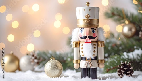 A festive still life featuring a wooden soldier, ornaments, and pine sprigs in a snowy setting with soft bokeh