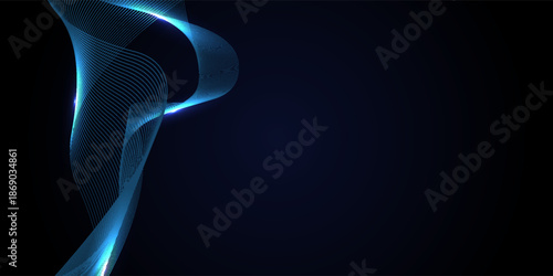 A dynamic and abstract digital design with flowing blue waveforms against a dark background,smooth, curving lines and dotted patterns that create a sense of movement and energy.