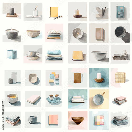 Cozy watercolor illustration set featuring ceramic bowls, candles, books and folded towels. Hand drawn home lifestyle elements isolated on background for spa and relaxation design.