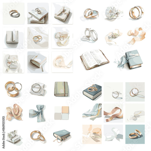 Elegant watercolor illustration set featuring wedding rings, ribbons, gift boxes and books isolated on white background.