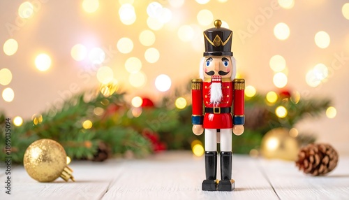 A festive still life presents a traditional figurine, encircled by garlands, baubles, and lights, conveying a holiday feel