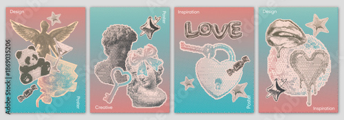 Classical Bust Statue And Love Elements In A 90s Y2K Aesthetic Poster Featuring Halftone Dot Effect With Cut-Out Collage Style And Torn Paper Edges