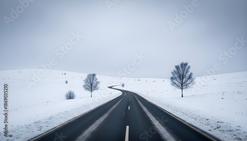 Lonely road winding through snowy hills, overcast sky, minimal winter landscape, cinematic feel