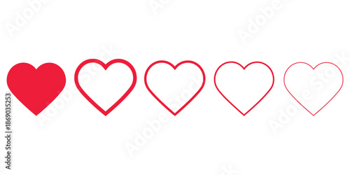 Red Heart Icon Set with Filled and Outline Shapes Isolated on White Background