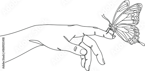 Minimalist line art of hand with butterfly perched on finger, symbolizing elegance, nature, fragility, and peaceful interaction
