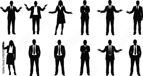 Professional business silhouettes of men and women in formal attire showing diverse corporate poses and confident body language gestures