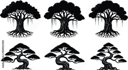 Set of black tree silhouettes including wild and bonsai styles, ideal for nature design, tattoo art, and botanical illustration.