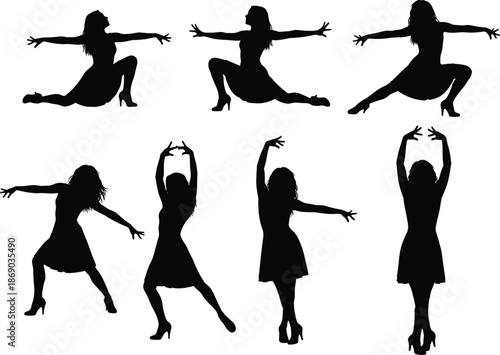 Set of Dynamic Female Dancer Silhouettes in Short Dresses Poses Vector for Modern Dance, Party, and Nightclub Promotions