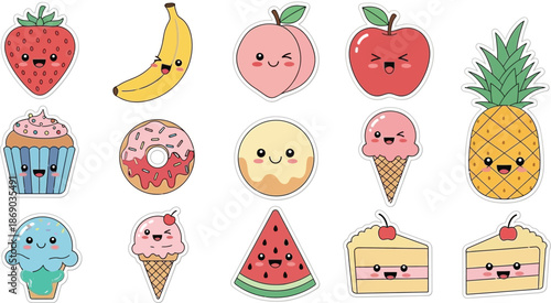 Colorful cartoon stickers of fruits and sweet treats with smiling faces