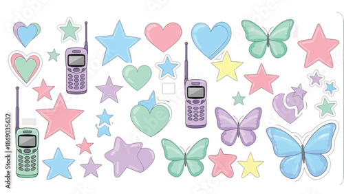 Vintage cell phones and colorful stickers with hearts and stars