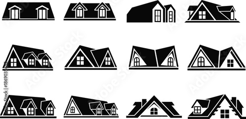 Set of house roof silhouettes featuring various dormer window styles and attic architecture icons for residential construction and home remodeling designs.