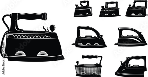 Set of Iron Silhouettes Collection Electric and Vintage Home Appliance Vector for Laundry, Steam, and Household Chores