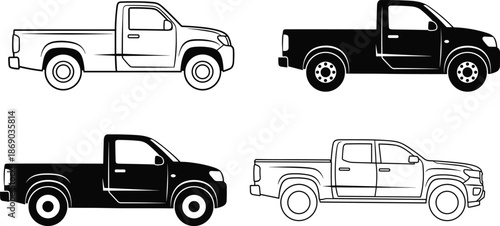 Set of Pickup Truck Vector Illustrations Featuring Side View Silhouettes and Line Art Outlines in Black and White