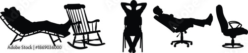 Set of Silhouettes Representing People Relaxing in Various Chairs Including Office Chair Rocking Chair and Lounger for Comfort and Leisure Concepts