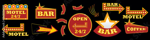 A vibrant neon sign templates vector set featuring glowing text frames and shapes for modern branding and nightlife designs.