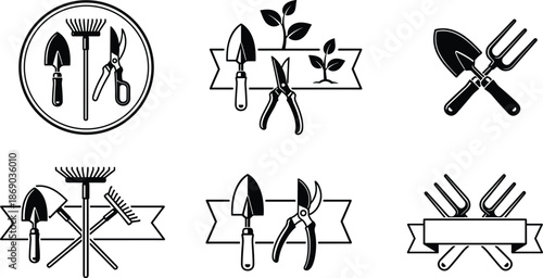 Set of six black and white gardening icons featuring tools, banners, and plant elements for landscaping and horticulture branding.
