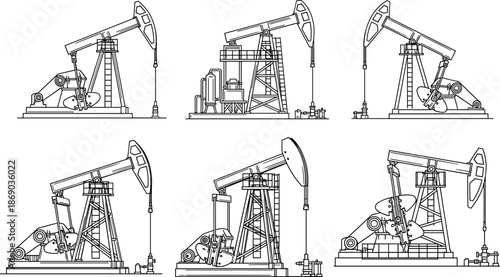 Set of six black and white oil pumpjack illustrations showcasing diverse mechanical designs for industrial and energy sector branding.