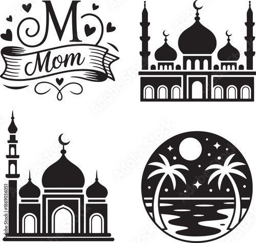 Compilation of mother related text mosque buildings and tropical vacation scenery icon