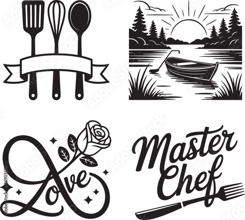 Cooking utensils, natural landscape, love typography with rose, and master chef design