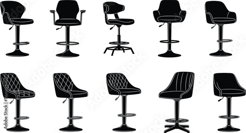 Set of ten black and white bar stool silhouettes showcasing diverse seat, backrest, and base designs for interior furniture inspiration.