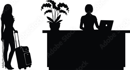 Silhouette of woman with suitcase at reception desk, illustrating travel, hospitality, check-in, and professional service interaction.