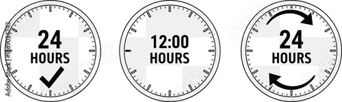 Set of twenty four hours clock icons with check mark and arrows for customer service support time vector illustration.