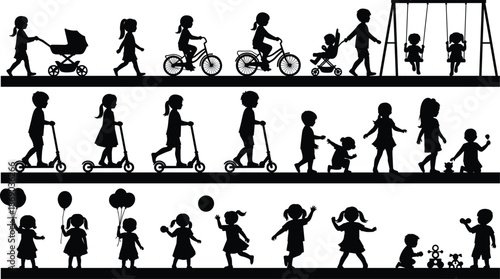 Silhouette scenes of children and adults enjoying outdoor play, movement, family bonding, toys, biking, dancing, and childhood activities.