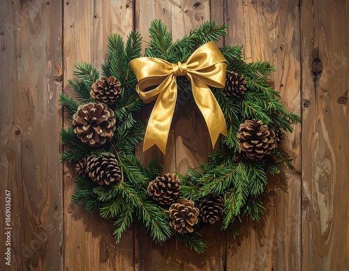 A festive wreath with evergreen boughs, pine cones, and a golden bow hangs against wooden planks. It is well-lit