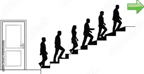 Silhouette sequence of people ascending stairs from closed door to arrow, symbolizing progress, growth, and personal development themes.