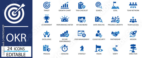 OKR Goal Setting & KPI Strategy Dashboard Solid Glyph Icon Set