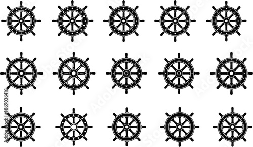 Ship steering wheel silhouettes collection with nautical helm designs, maritime navigation symbols and sailing icons isolated on white background