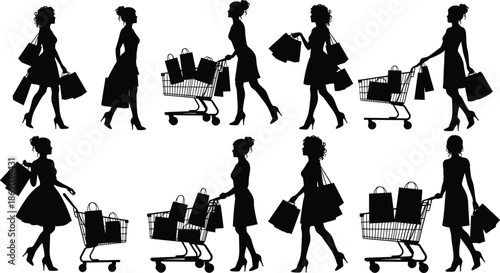 Shopping women silhouettes set holding bags and pushing carts vector illustration for retail and fashion.