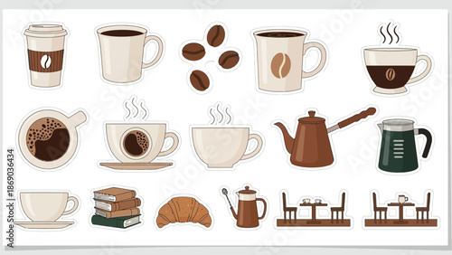 Set of coffee cups and breakfast items in warm brown tones
