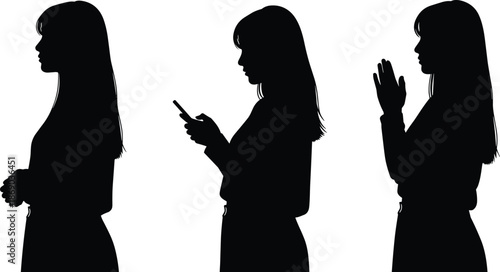 Side view silhouette of person in three poses—standing, using smartphone, and praying—expressing emotion, mindfulness, and modern lifestyle