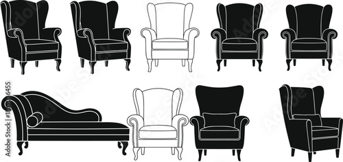 Silhouette and Outline Collection of Armchairs and Chaise Lounge Featuring Classic and Modern Furniture Designs for Interior Concepts