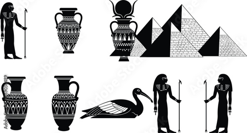 Silhouette Collection of Ancient Egyptian Symbols Including Figures, Pyramids, Vases, and Ibis Bird for Cultural and Mythological Design
