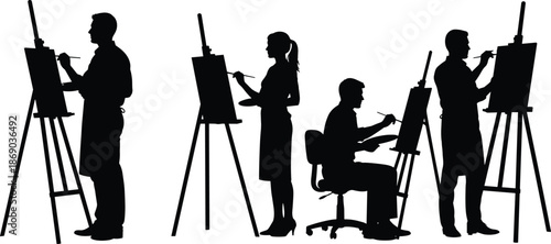 Silhouette collection of artists painting at easels in various creative poses, representing art education, studio work, creativity, and professional illustration concepts