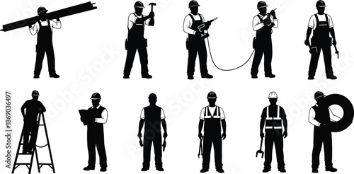 Silhouette collection of construction workers performing various industrial tasks with tools and equipment for engineering, labor, safety training, and building industry illustrations