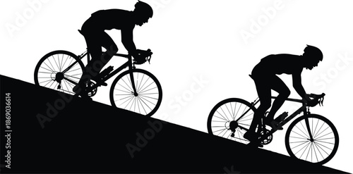 Silhouette cyclists riding downhill on road bikes, showcasing speed, endurance, outdoor fitness, athletic training, and dynamic motion in sports activity.