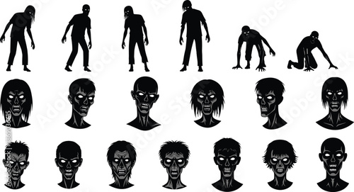 Silhouette Collection of Zombies Featuring Full-Body Poses and Stylized Faces for Horror, Halloween, and Graphic Design Themes