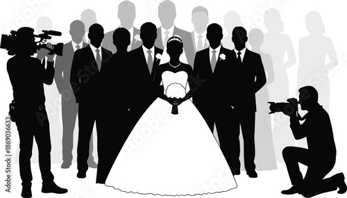 Silhouette wedding scene with bride, groomsmen, photographers, and guests capturing formal portrait moment in elegant outdoor celebration setting