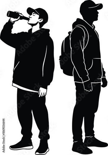   
Silhouetted casual figures in hoodies and caps, one drinking and one with backpack, symbolizing youth, lifestyle, and street culture.
