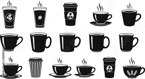 Silhouette icons of fifteen coffee cups and mugs in various styles, ideal for branding, menu, and graphic design use