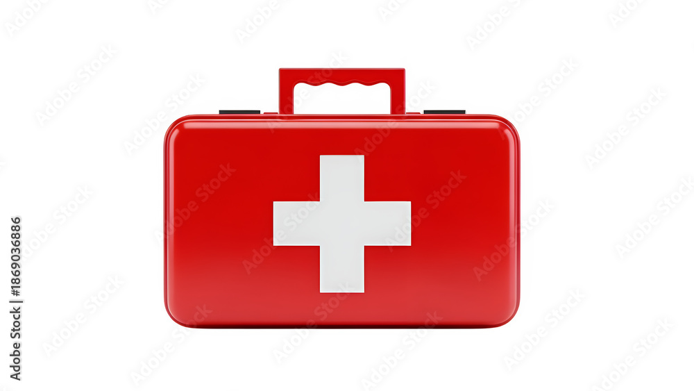 Obraz premium Red First Aid Kit With White Cross Design for Emergency Care Preparation and Safety, isolated on white or transparent background. PNG