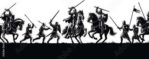 Medieval battle silhouettes with knights on horseback and foot soldiers, swords and shields combat scene, historical warfare illustration isolated on white background