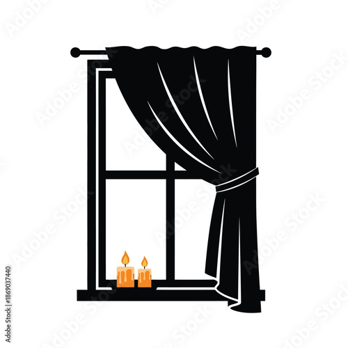 Stylized illustration of a window with a black curtain tied back and two lit candles on the windowsill, creating a cozy ambiance.