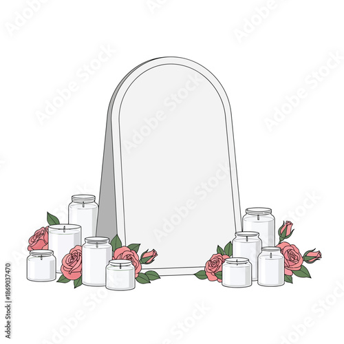 Illustration of a blank tombstone or grave marker surrounded by lit candles in jars and delicate pink roses, symbolizing remembrance and memorial.
