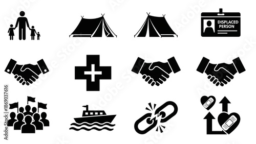 Refugee Crisis & Humanitarian Aid Icon Set – Migration, Shelter, Relief, Support, Thin Line Vector